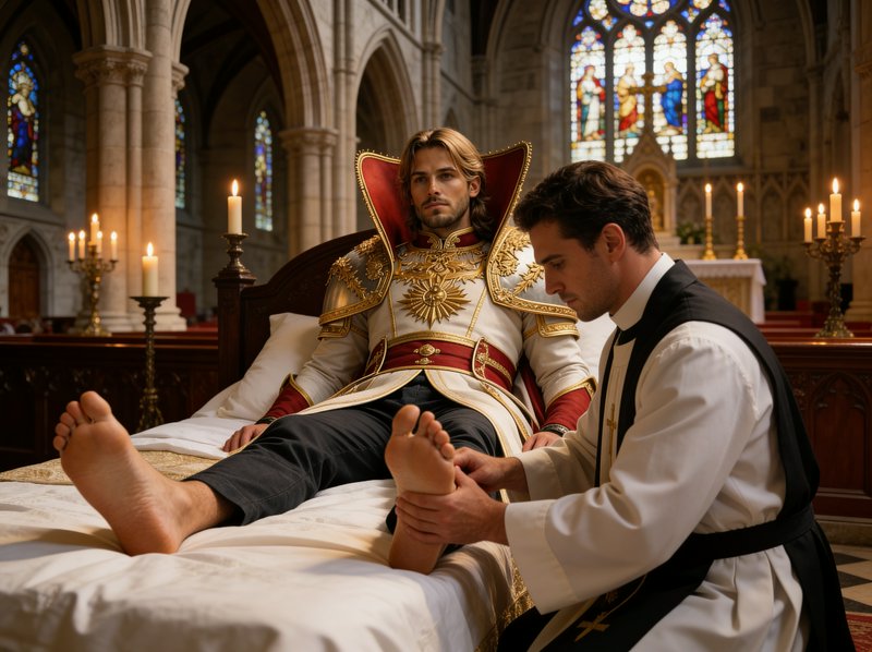 A man in ornate gold armor reclines on a bed inside a Gothic church as a priest tends to his feet.