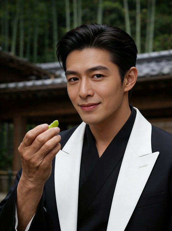 Stylish man in a black-and-white suit holding a small green leaf outdoors