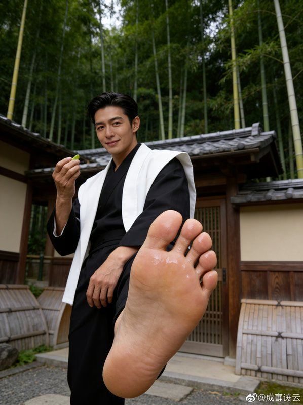 Man in traditional black and white attire shows a close-up of his bare foot in a bamboo garden