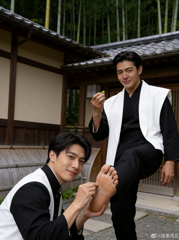 Two men in traditional black-and-white outfits, one seated and the other kneeling to examine or m...