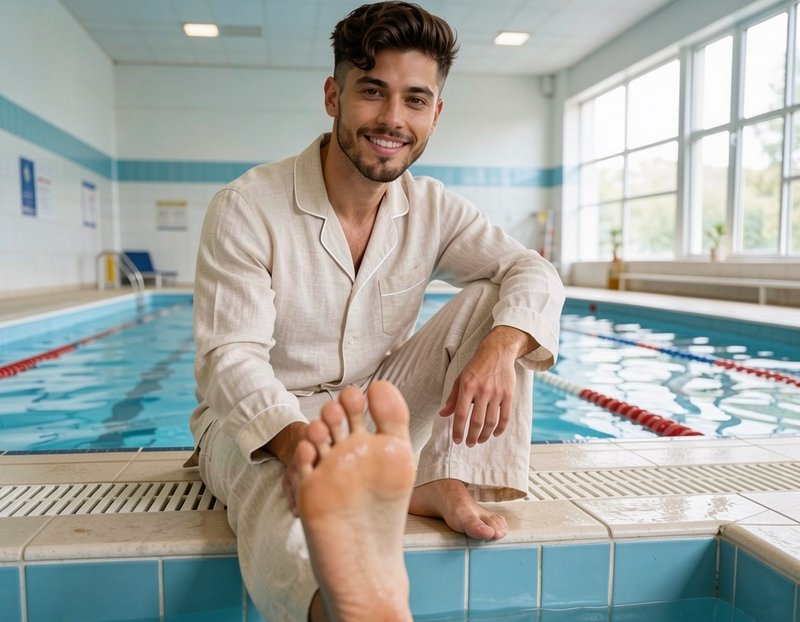 Smiling bearded man in cream pajamas sits on indoor swimming pool edge, one foot extended toward the viewer