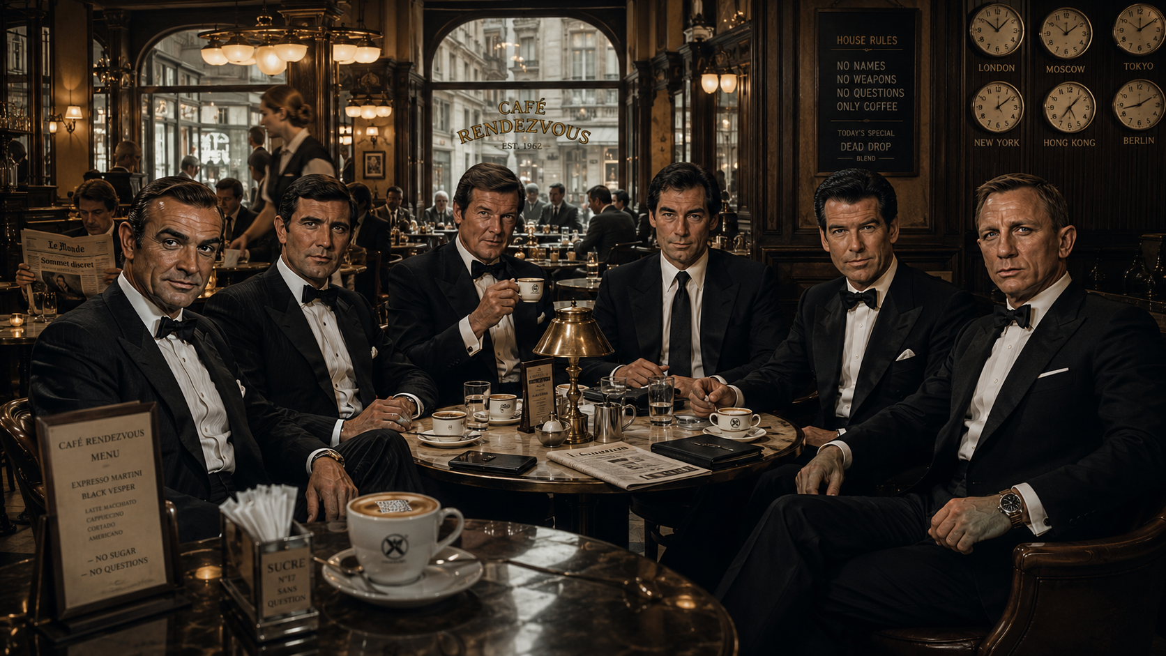 Six actors who portrayed James Bond sit together in formal tuxedos at a vintage European cafe.