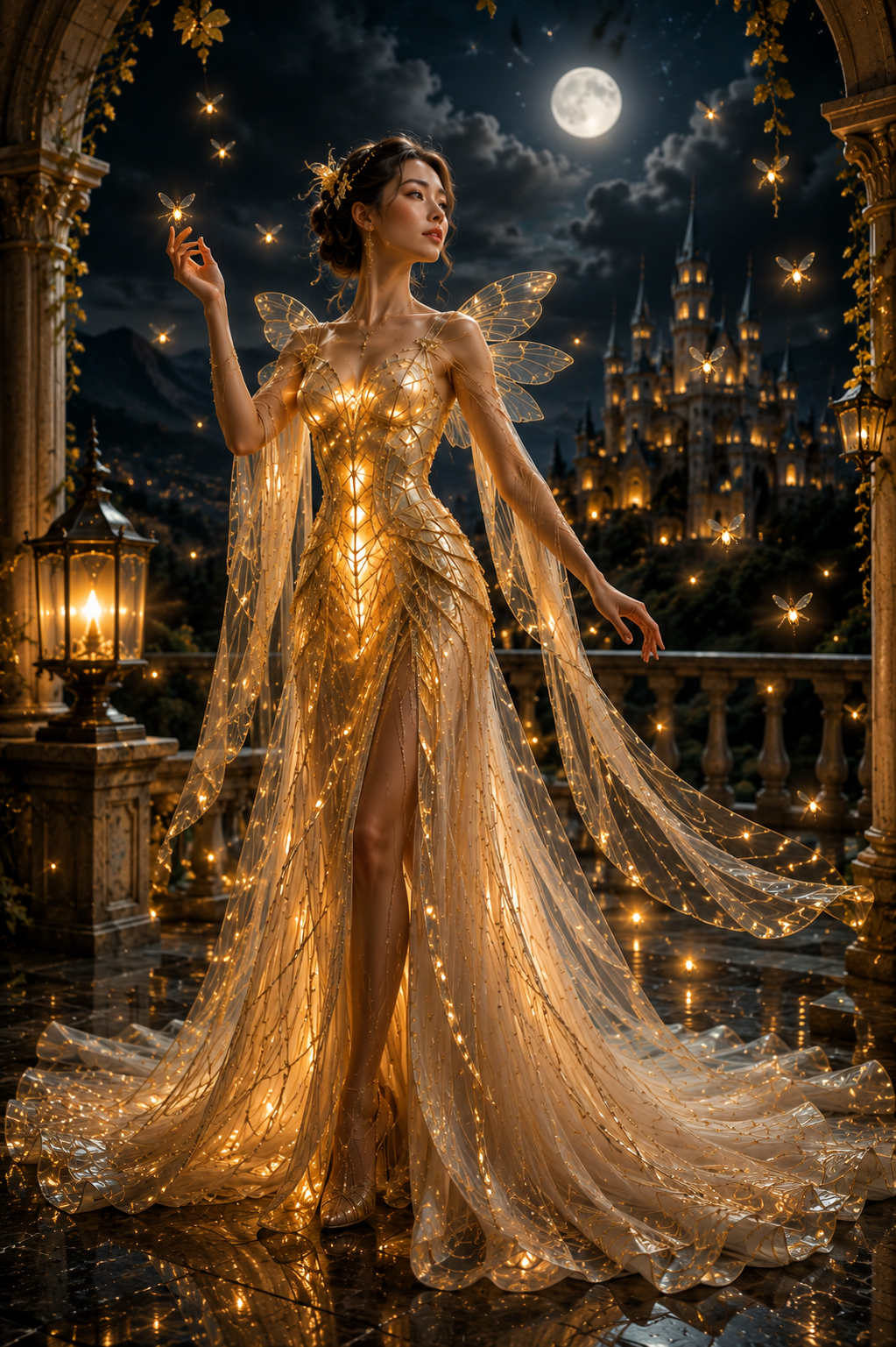 [Ethereal fairy in a glowing lit golden gown with gossamer wings stands on a moonlit castle balcony surrounded by floating...