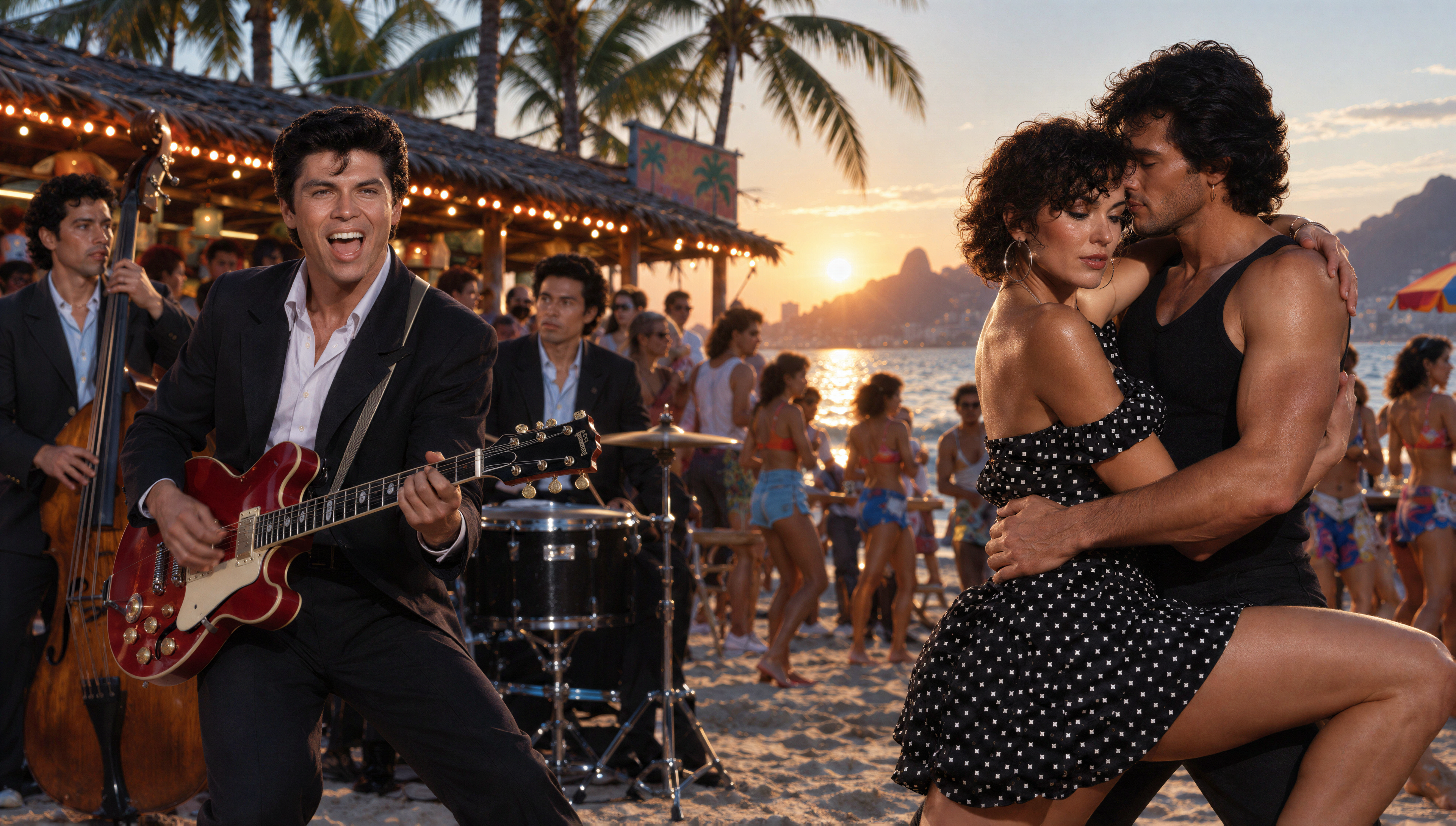 Live band performs as a couple dances at a sunset tropical beach party beside a thatched tiki bar
