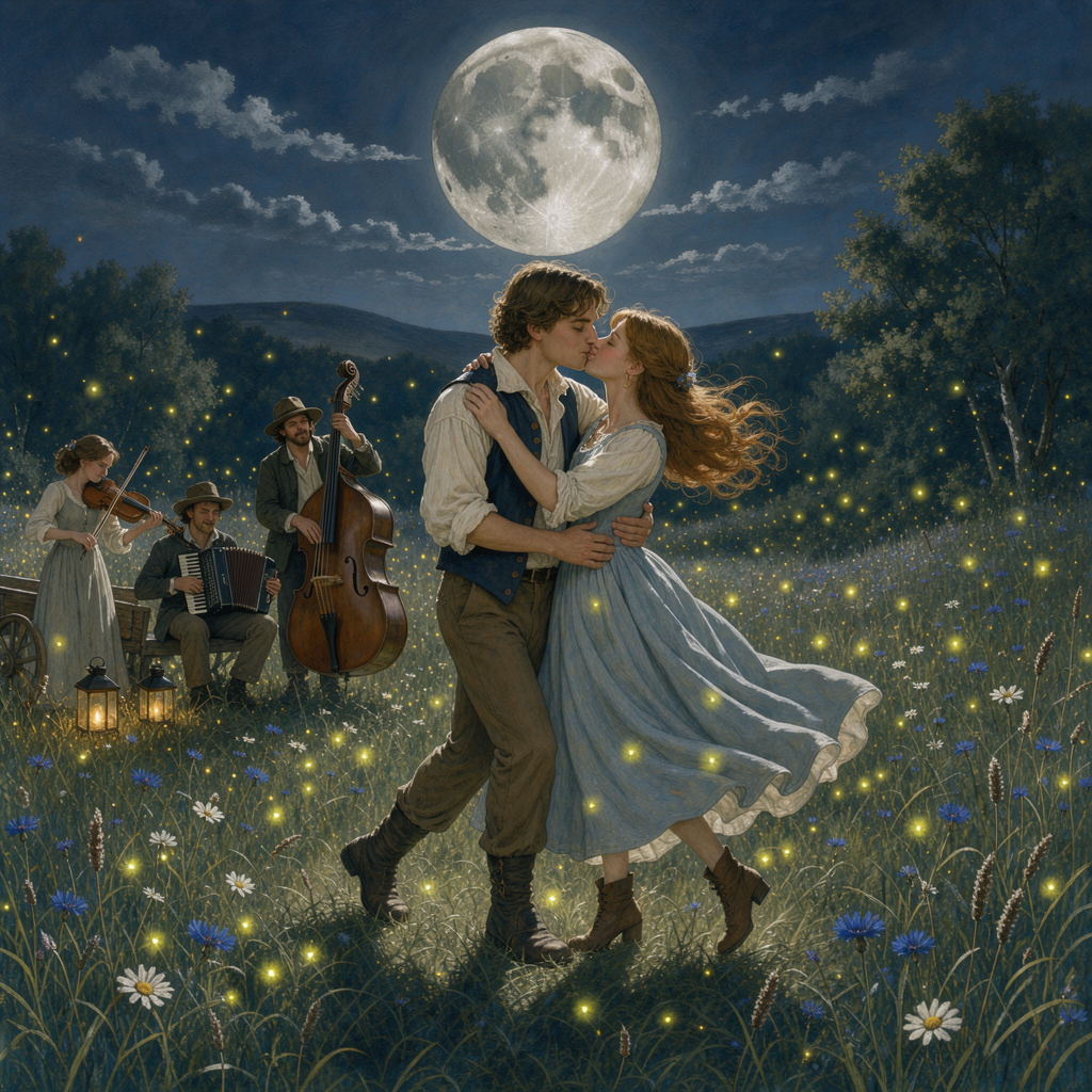 Couple kissing and dancing in a moonlit wildflower meadow as folk musicians play amid glowing fireflies