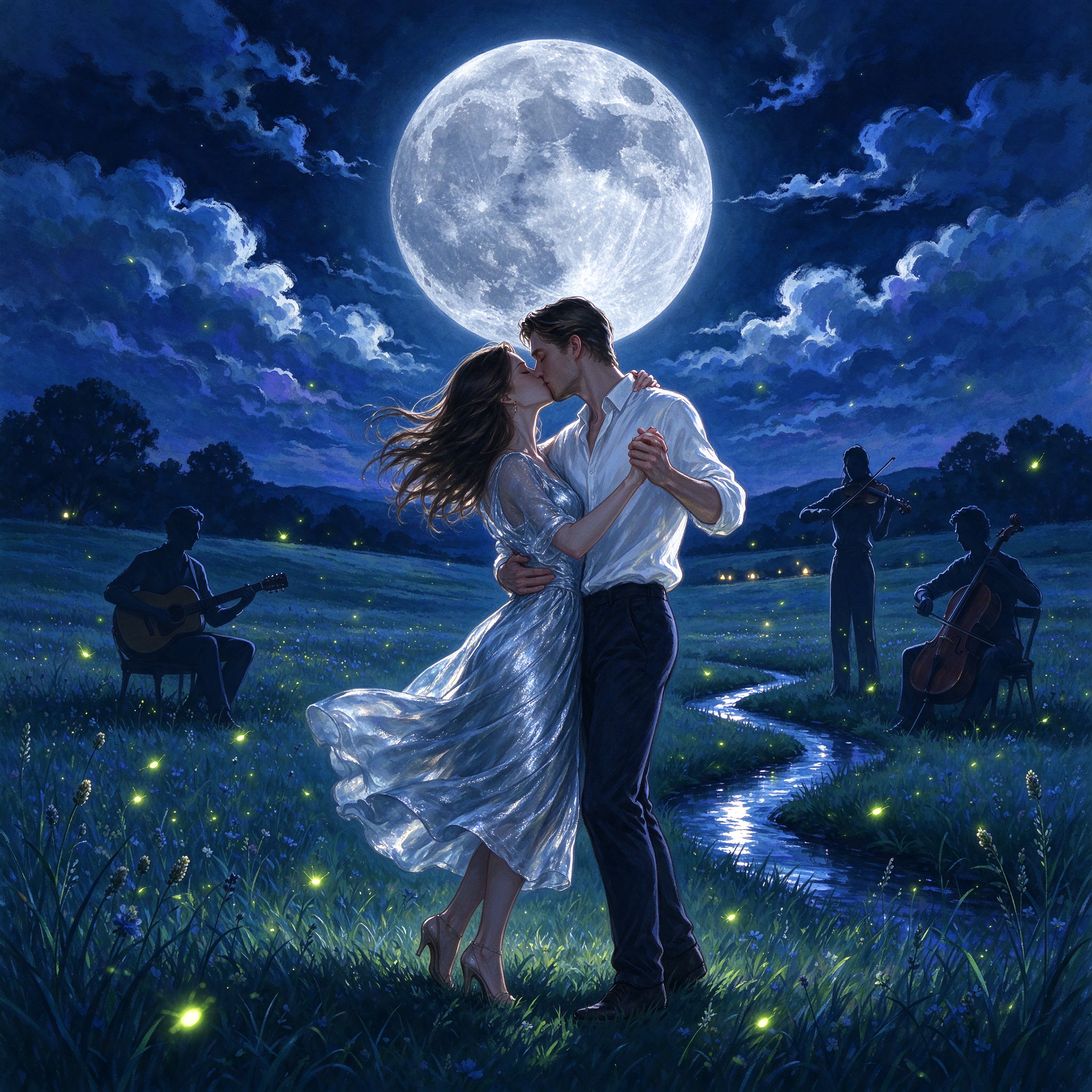Couple kissing and dancing under a huge full moon as musicians play in a firefly lit meadow