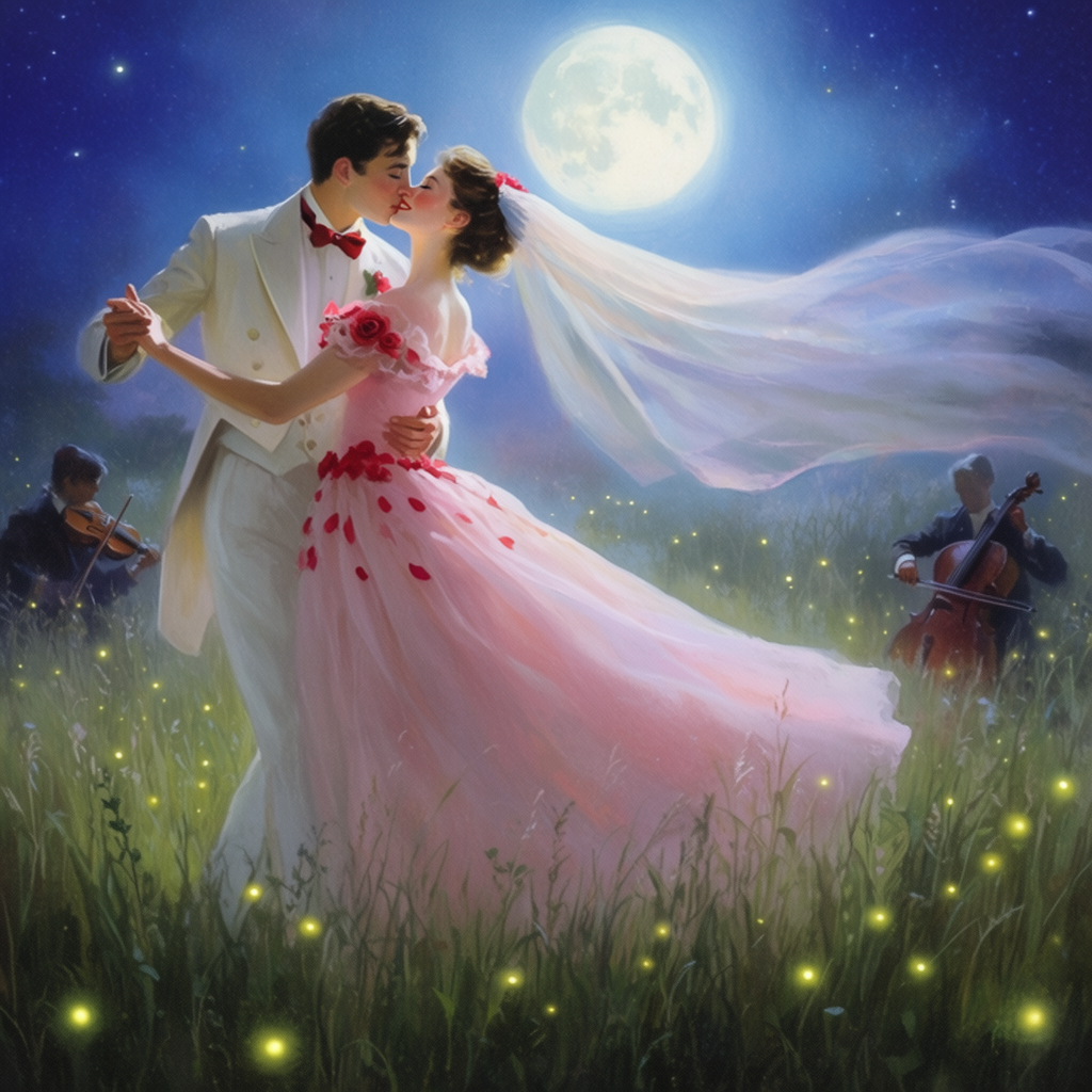 Newlywed bride and groom dance and kiss under a glowing full moon in a firefly lit meadow