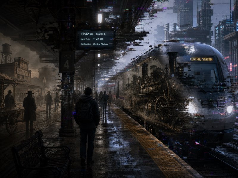 [Surreal glitch art composite merging old west station, steampunk locomotive, and futuristic high speed train on a wet pla...