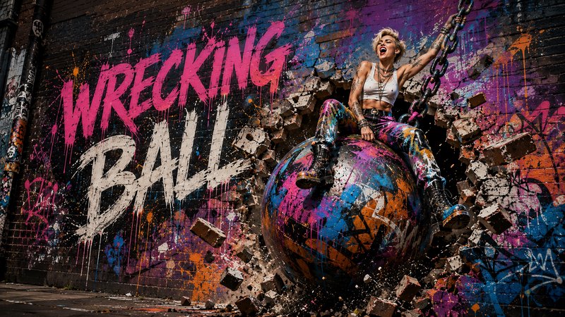 Tattooed punk woman sits on a graffiti wrecking ball breaking through a brick wall with spray-painted "WRECKING BALL" text