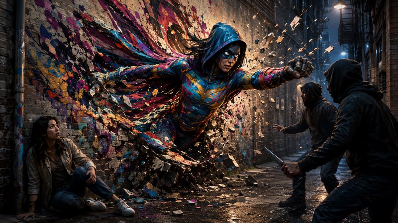 Female hooded superhero bursts through graffiti brick wall to defend a civilian from knife-wielding attackers in a dark