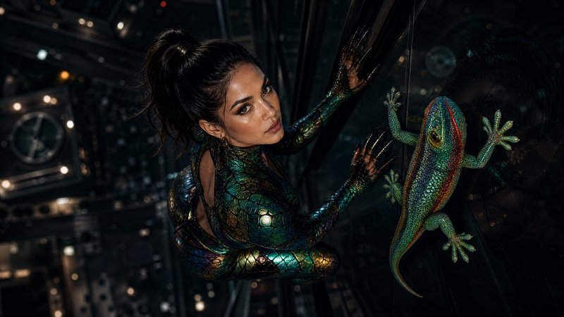 Woman in iridescent reptile scale bodysuit climbs glass next to colorful gecko inside dark futuristic spaceship