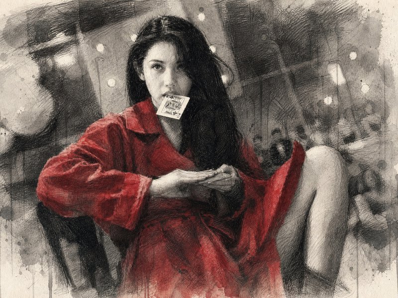 Mixed media sketch of a seated woman in a vibrant red robe, holding a playing card between her teeth and looking