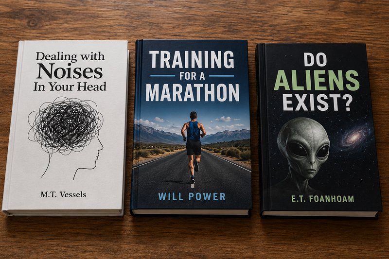 Three playful parody hardcover books arranged side-by-side on a grainy brown wooden table, displaying punny themed