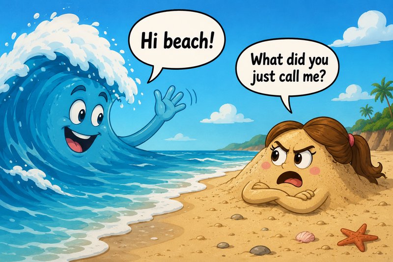 Funny beach pun cartoon: friendly anthropomorphic wave greets annoyed sand character with the "Hi beach!" wordplay joke.