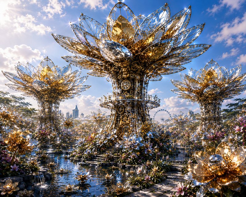 Towering gilded steampunk mechanical lotus sculptures stand in a glowing fantasy garden with a lily pond under a bright