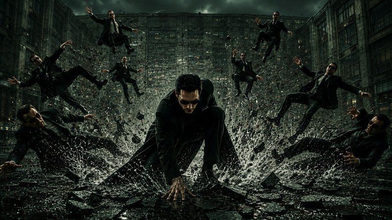 Central Matrix-style hero places hand on wet pavement, launching identical suited enemy agents flying mid-air.