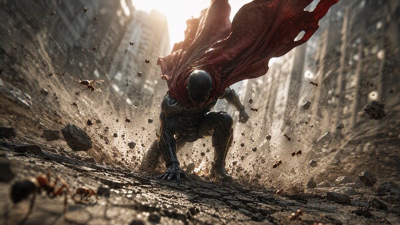 Armored caped superhero lands forcefully, sending dust, rocks and ants flying against a sunlit city skyline backdrop
