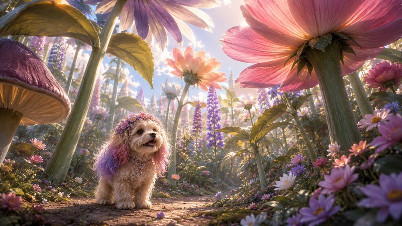 Adorable fluffy dog wearing a flower crown stands in a sunlit enchanted garden of giant pastel flowers and mushrooms.