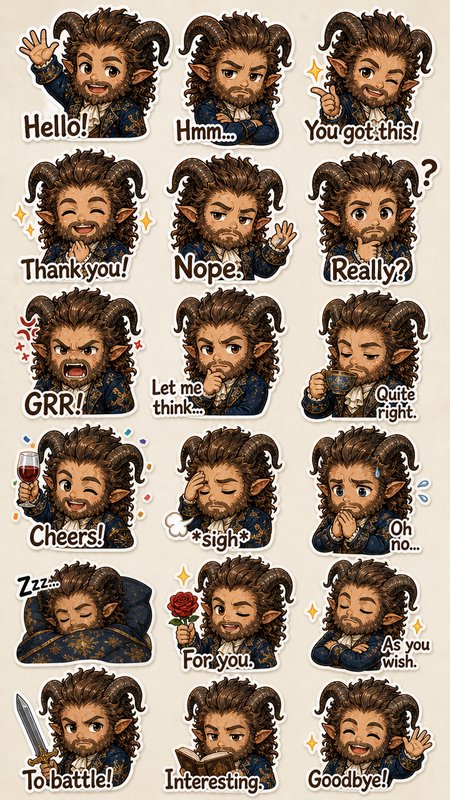 Sheet of chibi satyr gentleman character stickers, each with unique expressions and conversational text captions