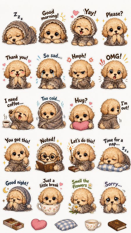 Sticker sheet of cute fluffy maltipoo puppies in cozy lace robes, each with a unique reaction text caption and matching sm...