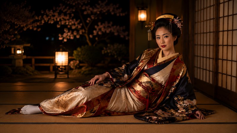 Elegant geisha in an ornate embroidered kimono reclines on tatami flooring beside a night Japanes...