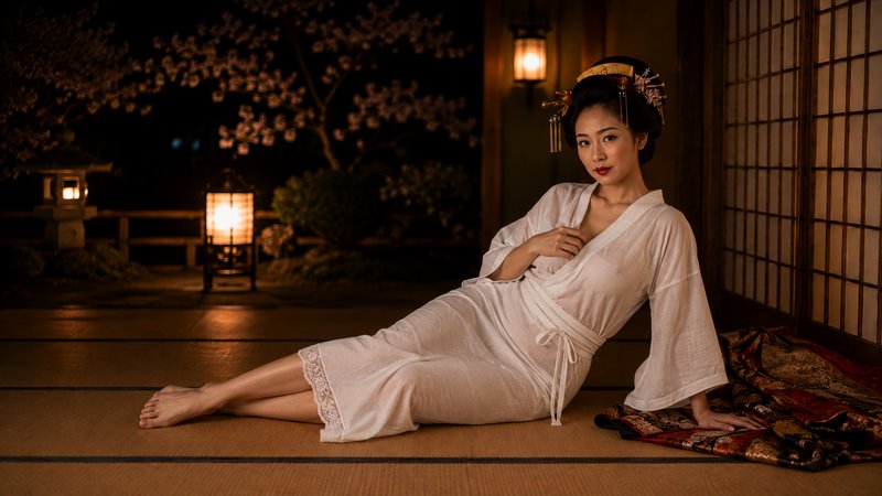Elegant Japanese woman with traditional kanzashi hair ornaments reclines on tatami mats in a lant...