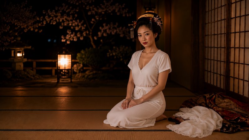 Elegant Japanese woman with ornate traditional hair ornaments kneels on tatami flooring in a warm...