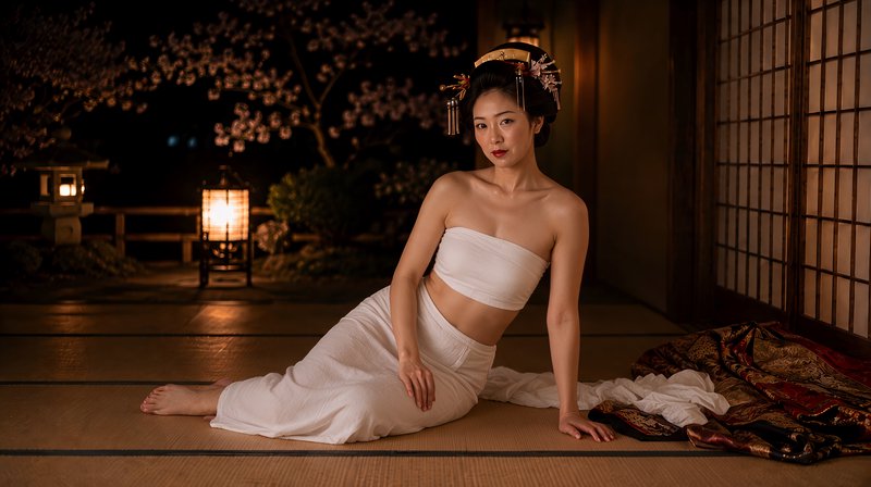 Elegant Japanese woman with traditional kanzashi hair ornaments seated on tatami, overlooking lit...