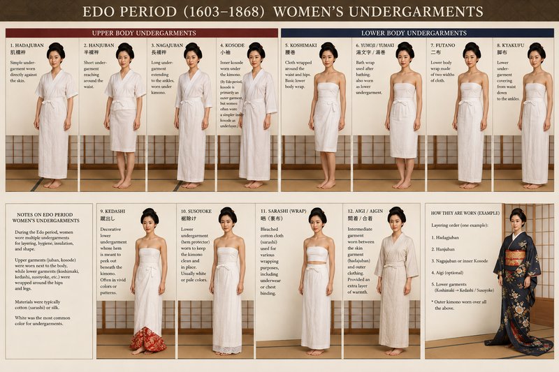Labeled educational infographic displaying Edo Period Japanese women's traditional undergarment s...
