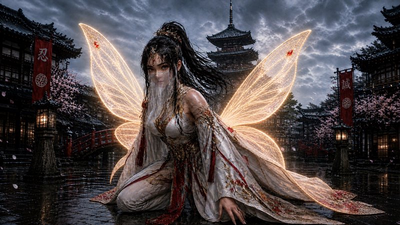 Cinematic fantasy scene of a fairy warrior with glowing golden wings kneeling in a rainy traditio...
