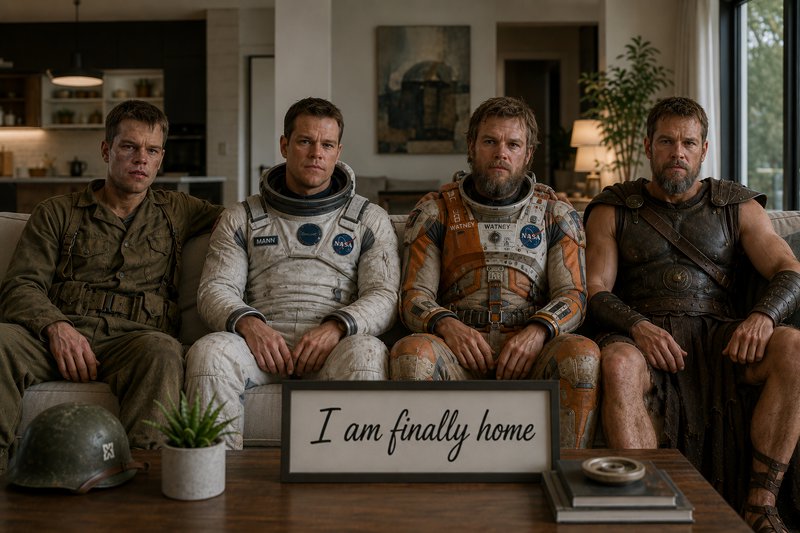 Four Matt Damon movie character variants sit on a couch behind an "I am finally home" sign on a f...