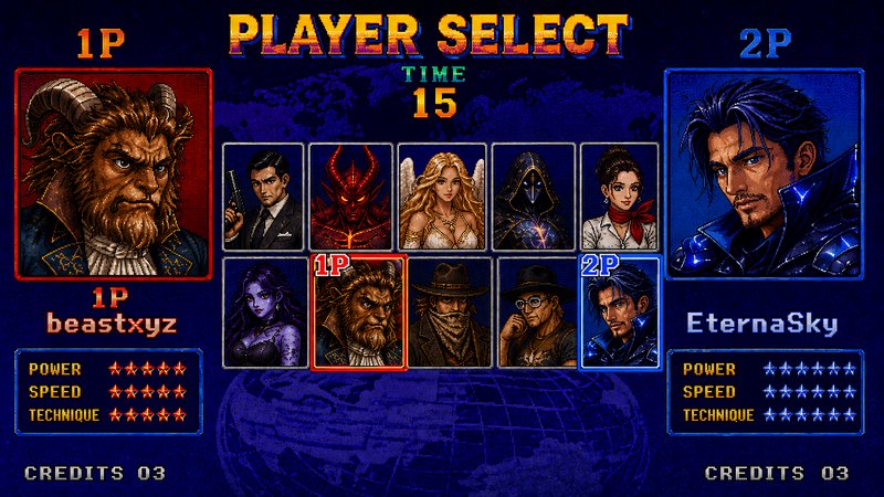 Retro pixel art fighting game player select screen, with 1P beast character and 2P armored swords...