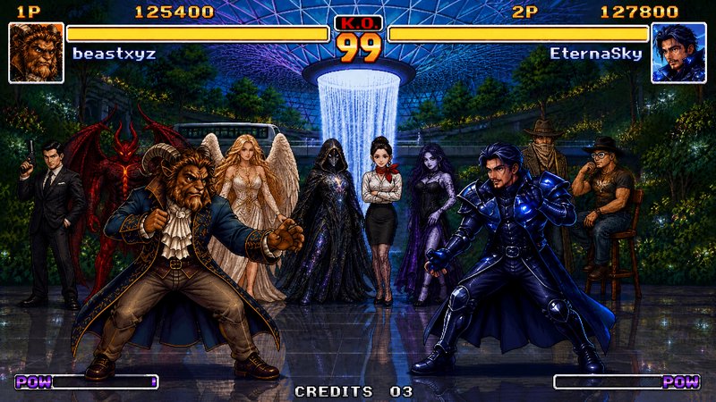 Retro pixel art fighting game screenshot of 1v1 match between a beast-man and armored fighter in ...