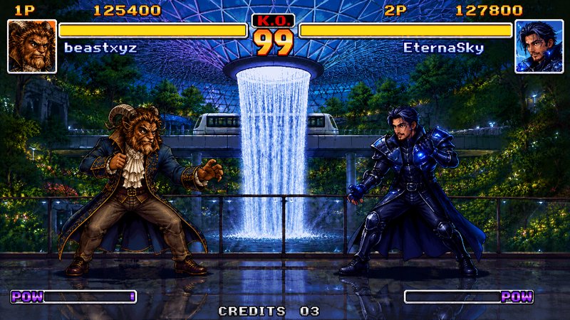Retro 2D fighting game screen showing a horned beast character vs armored fighter facing off in a...