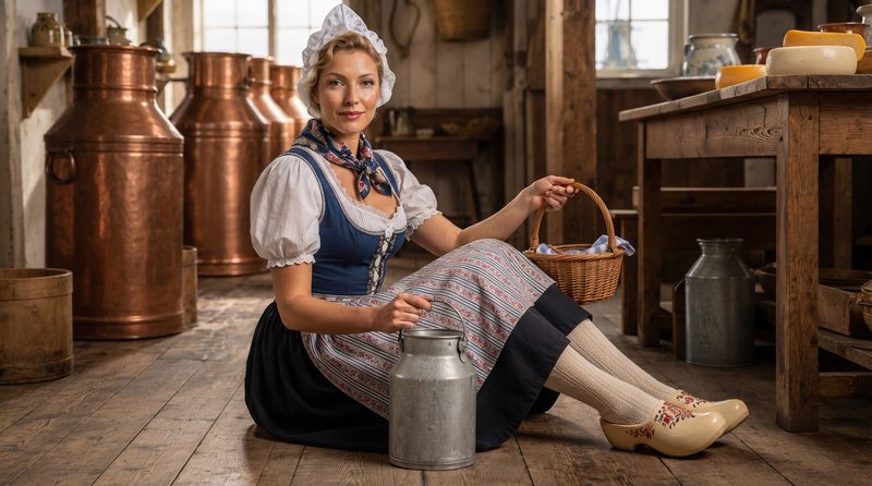 Traditional Dutch milkmaid in folk dress seated in a historic dairy farmhouse holding a wicker ba...