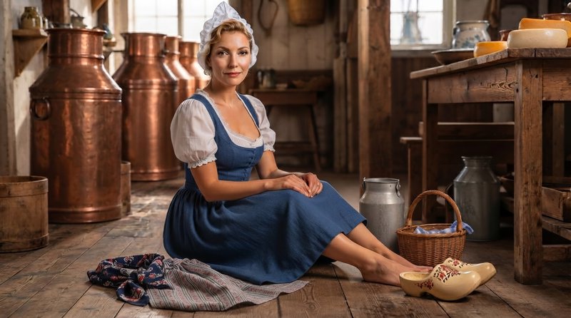 Traditional Dutch dairy maid seated on a rustic farmhouse dairy floor beside hand-painted wooden ...