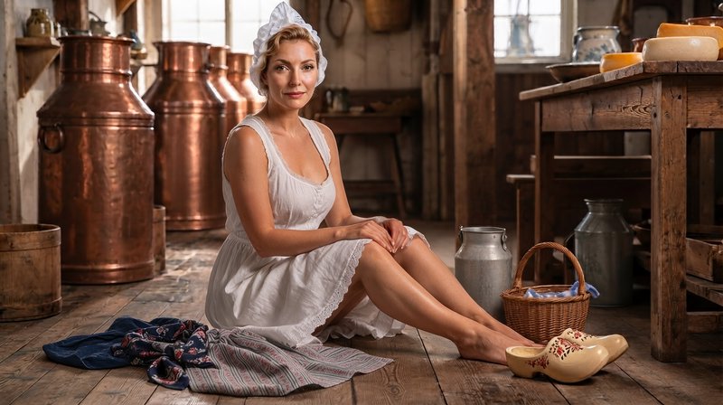 Woman in traditional linen cap sits on the floor of a rustic vintage Dutch cheesemaking dairy kit...