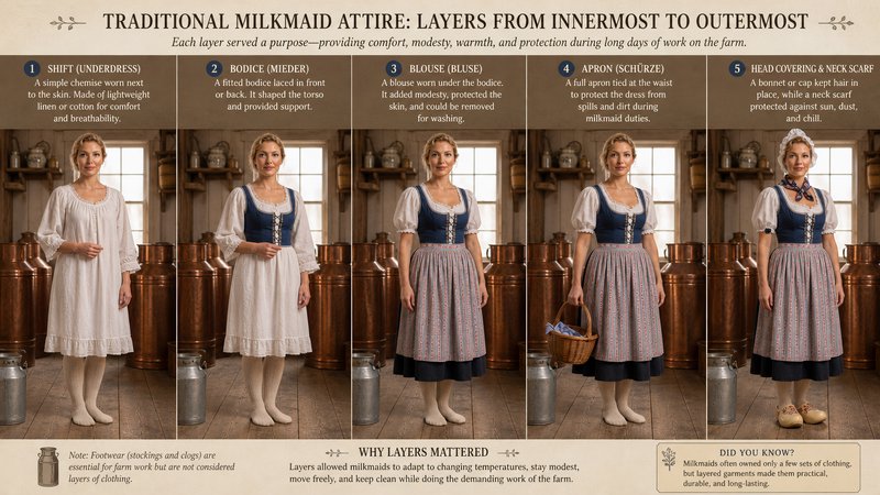 Infographic showing sequential step-by-step layering of traditional historic milkmaid farm work a...