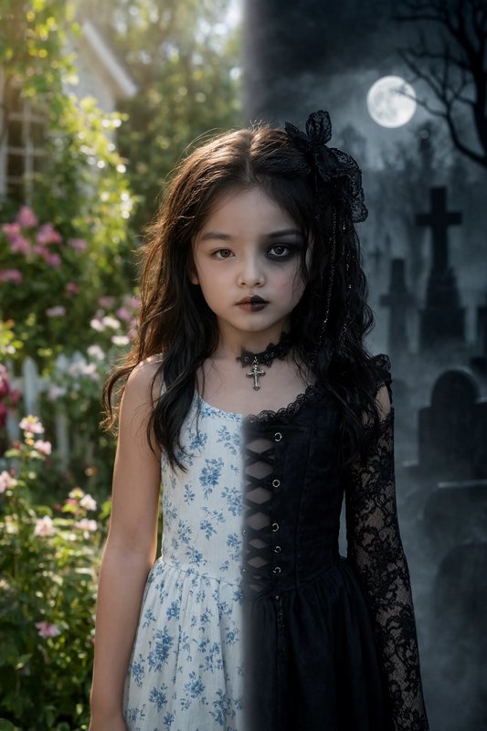 Split portrait of a young girl, half sunlit cottage garden side, half spooky moonlit gothic grave...