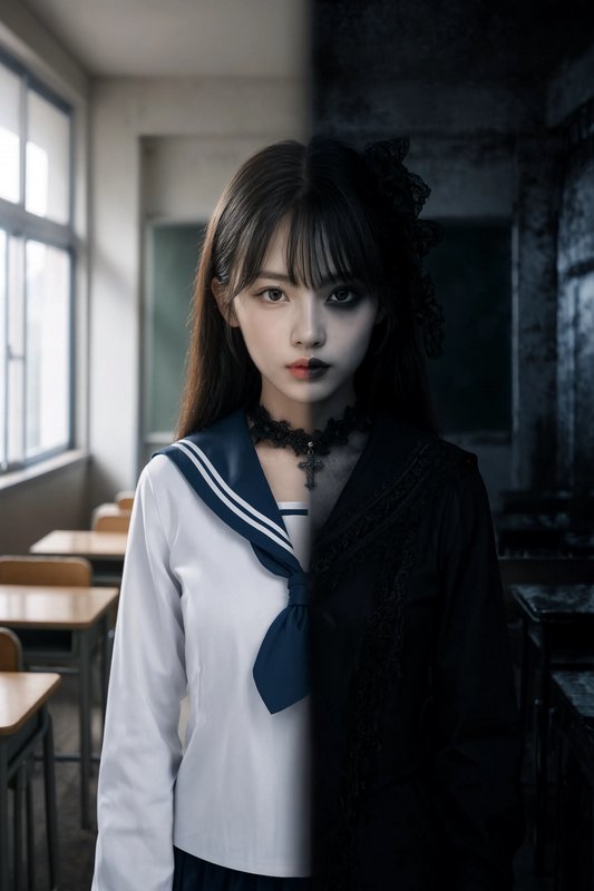 Surreal split portrait of a teen girl, one half in school uniform, the other in gothic attire in ...