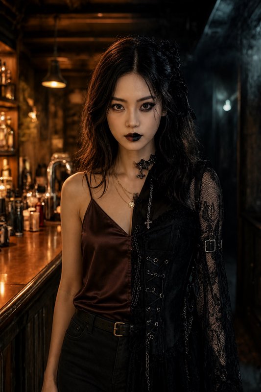 Young East Asian woman in asymmetric goth fashion stands in a dim, moody vintage bar setting.