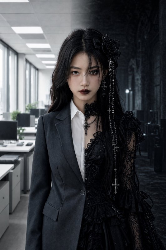 Surreal split portrait of a young woman, half corporate office attire half elaborate dark gothic ...