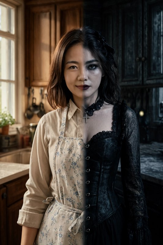 Vertical split composite portrait of the same woman, half wholesome homemaker, half gothic dark p...