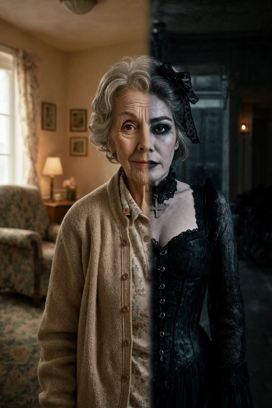 Vertical split portrait of an elderly woman, half warm domestic casual, half gothic ghostly Victo...