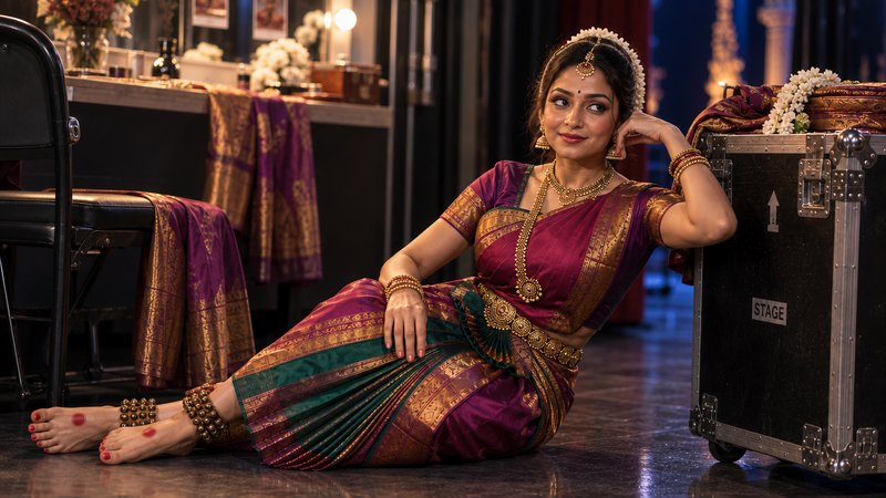 Candid portrait of a South Indian woman in an ornate Kanchipuram silk saree resting backstage in ...