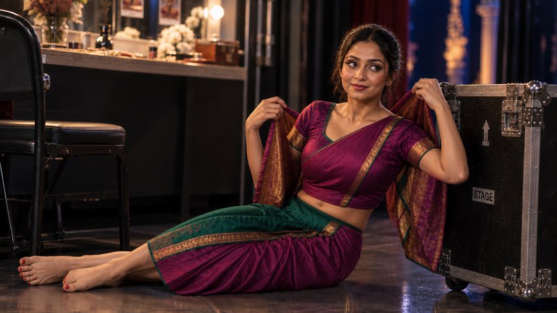 Graceful South Indian actress in a plum silk saree rests leaning on a stage trunk in a theater ba...
