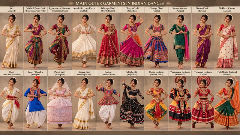 Infographic grid displaying 20 labeled traditional outer garment examples for different classical...