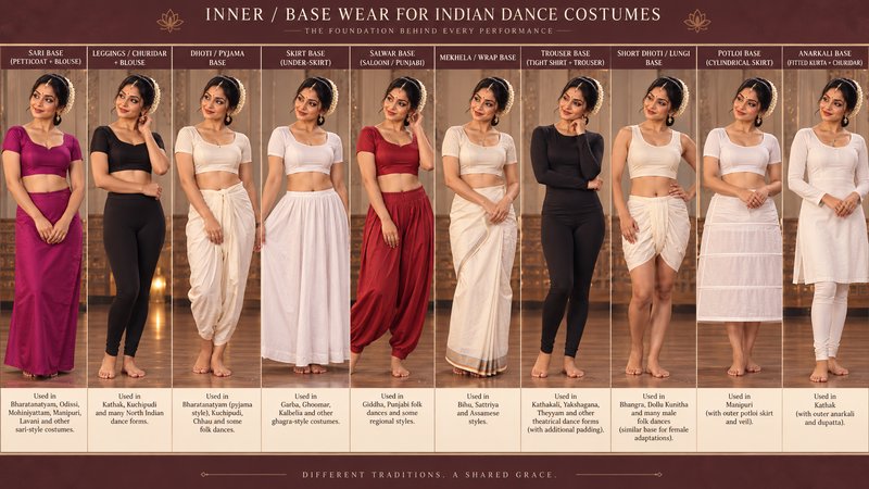 Infographic displaying 10 different inner base wear styles for traditional Indian dance costumes ...
