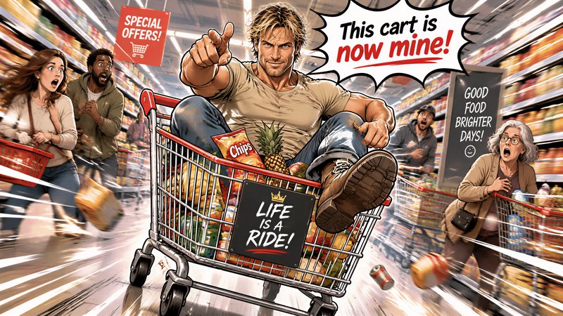 Humorous comic art of a buff man riding a speeding shopping cart down a supermarket aisle, shocki...