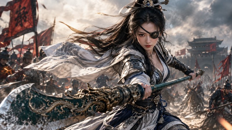 One-eyed female warrior holding an ornate dragon glaive leads a charge across a chaotic ancient battlefield